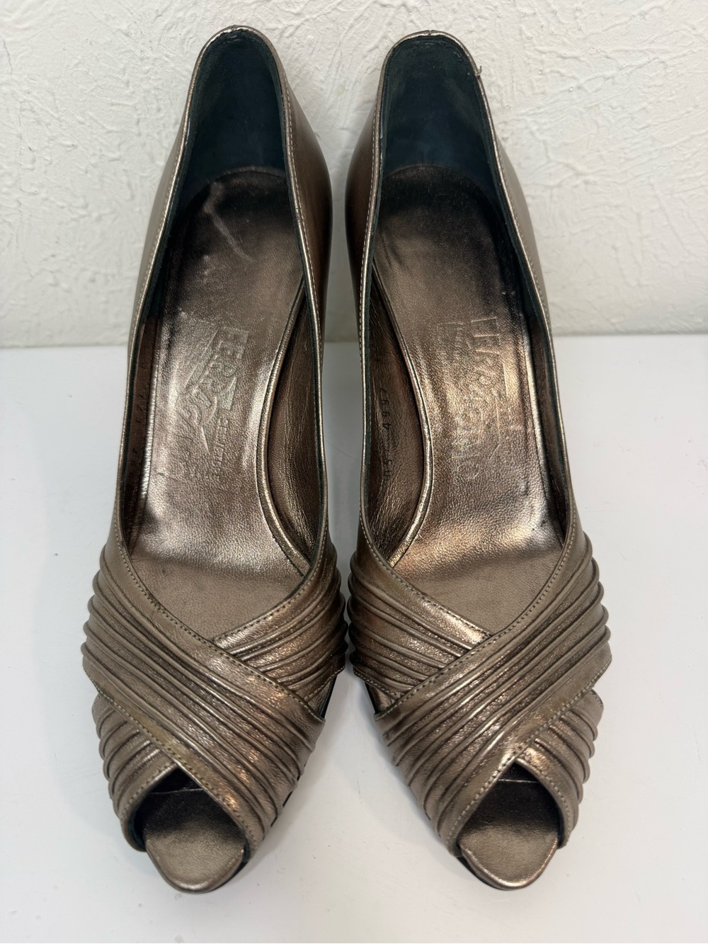 Salvatore Ferragamo Fiberia Metallic Leather Peep Toe Pumps 6
